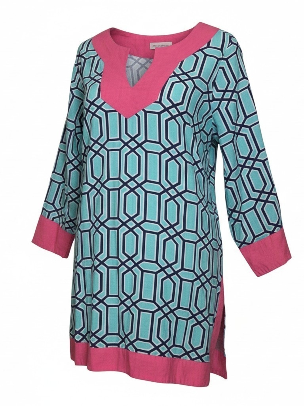 Simply Southern Womens L Geometric Print Tunic Top in Aqua with Pink Trim Cotton